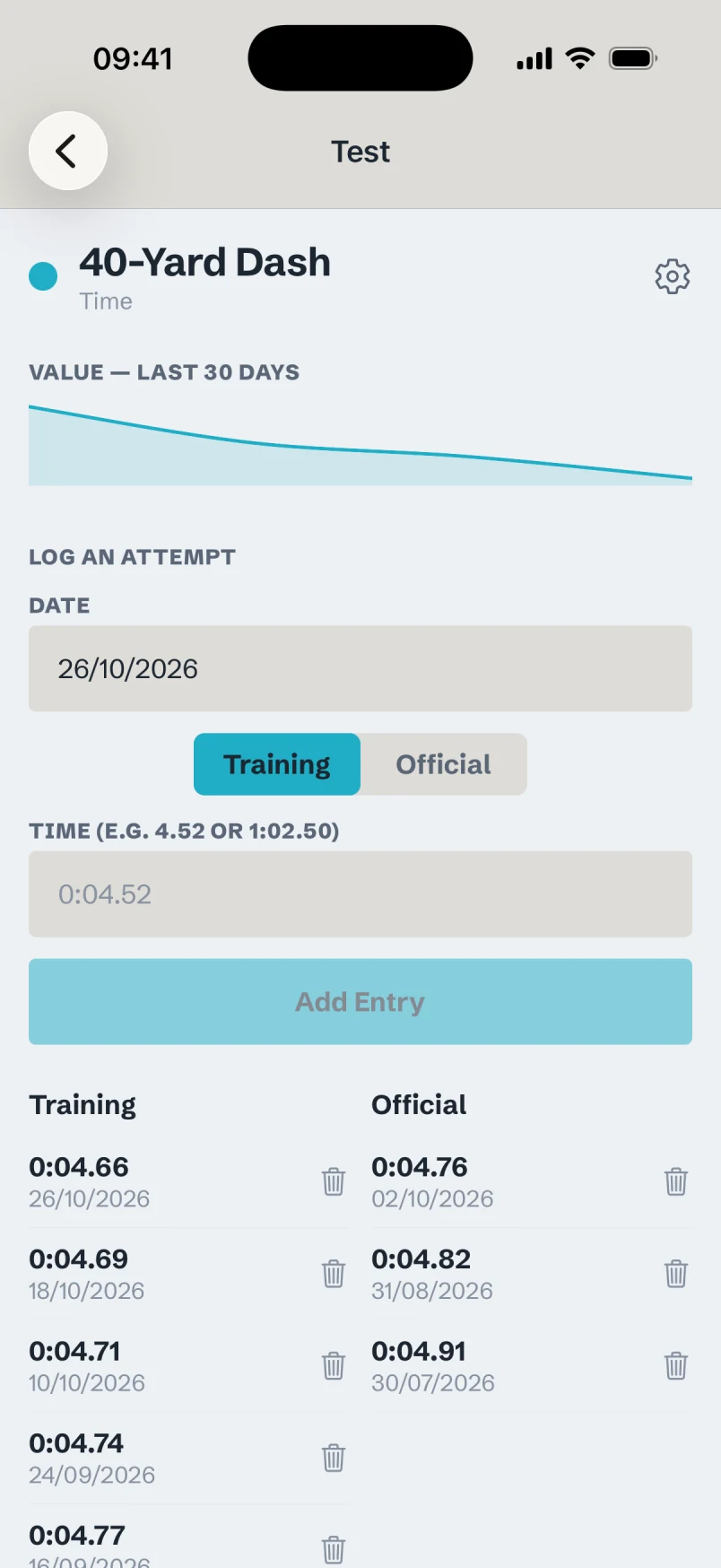 Trabit's 40-Yard Dash test: a falling time over the last 30 days, and training and official attempts listed side by side.